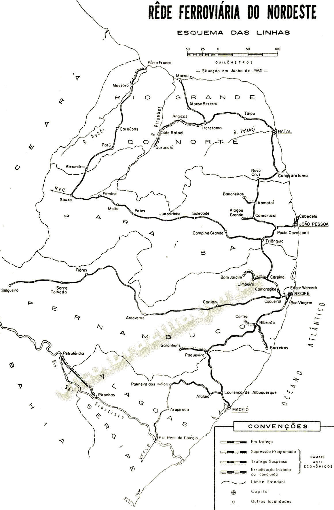 Mapa dos trilhos da RFN - Rede Ferroviária do Nordeste, da RFFSA - Rede Ferroviária Federal, em 1965