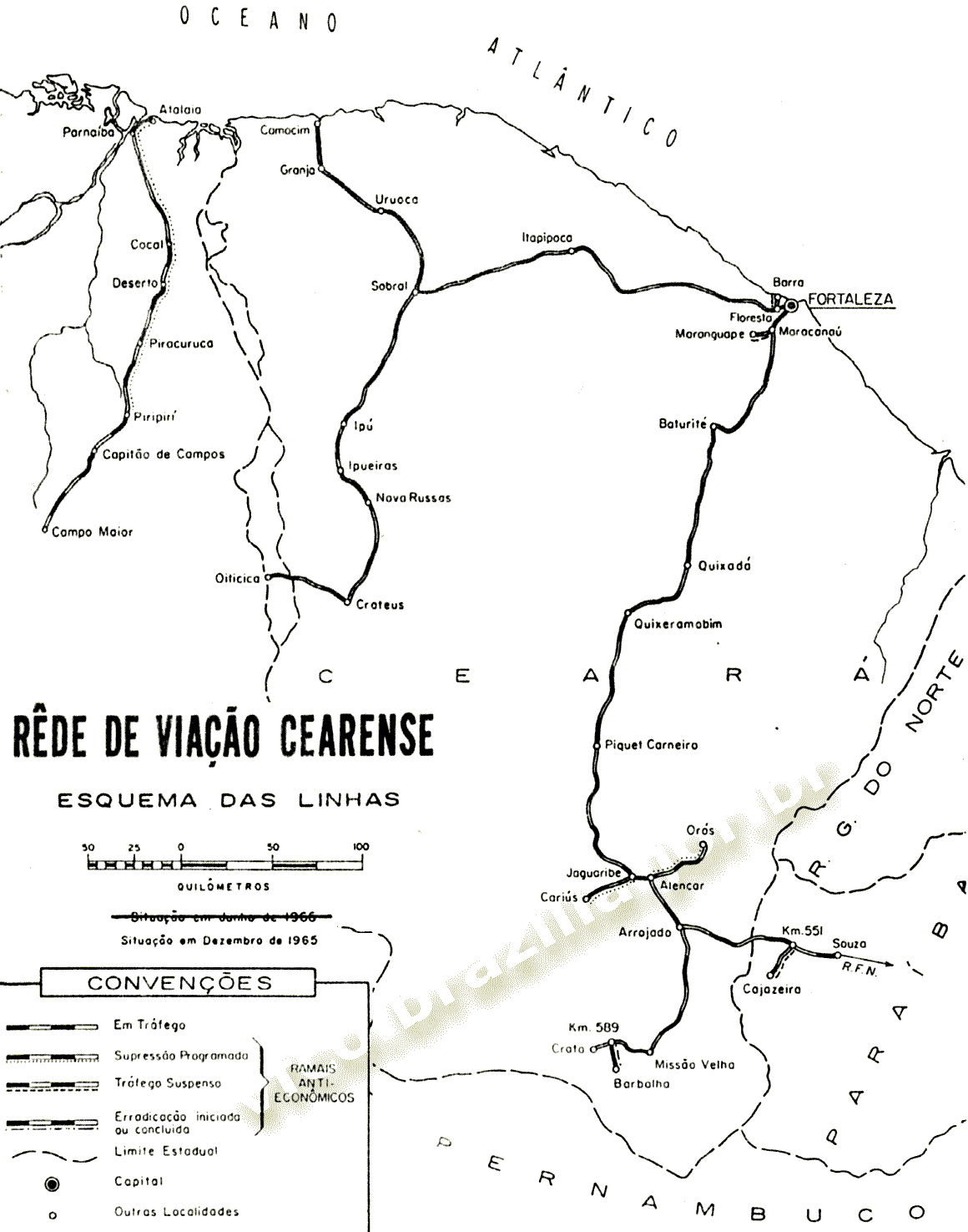 Mapa dos trilhos da Rede de Viação Cearense, da RFFSA - Rede Ferroviária Federal, em 1965