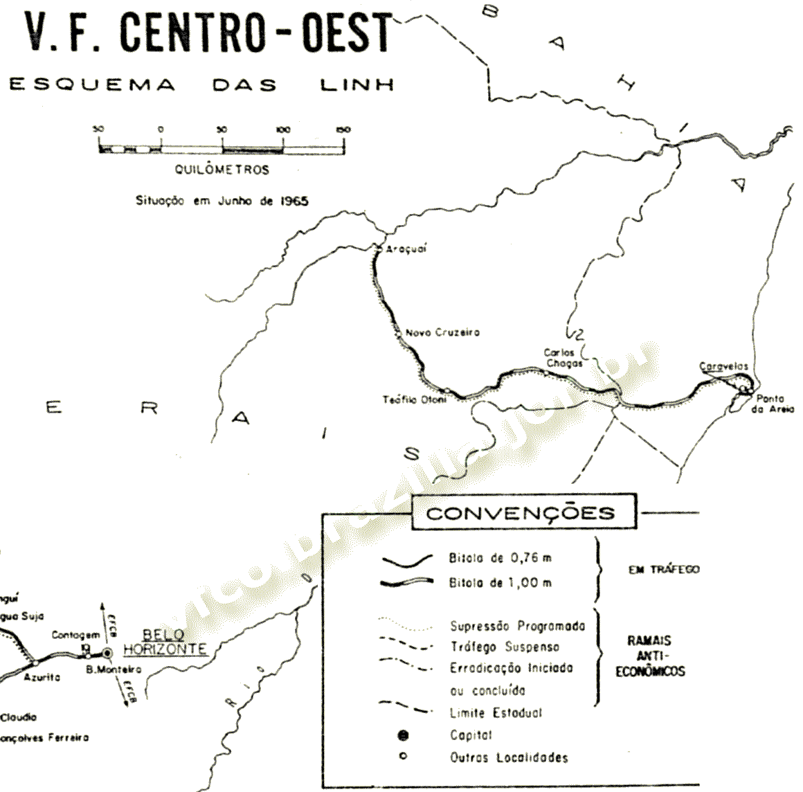 Mapa dos trilhos da Viação Férrea Centro-Oeste na parte leste de Minas - Estrada de Ferro Bahia e Minas - em 1965