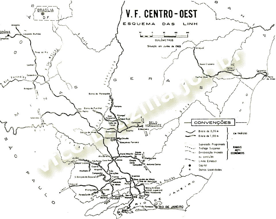Mapa completo dos trilhos da VFCO - Viação Férrea Centro-Oeste, em 1965