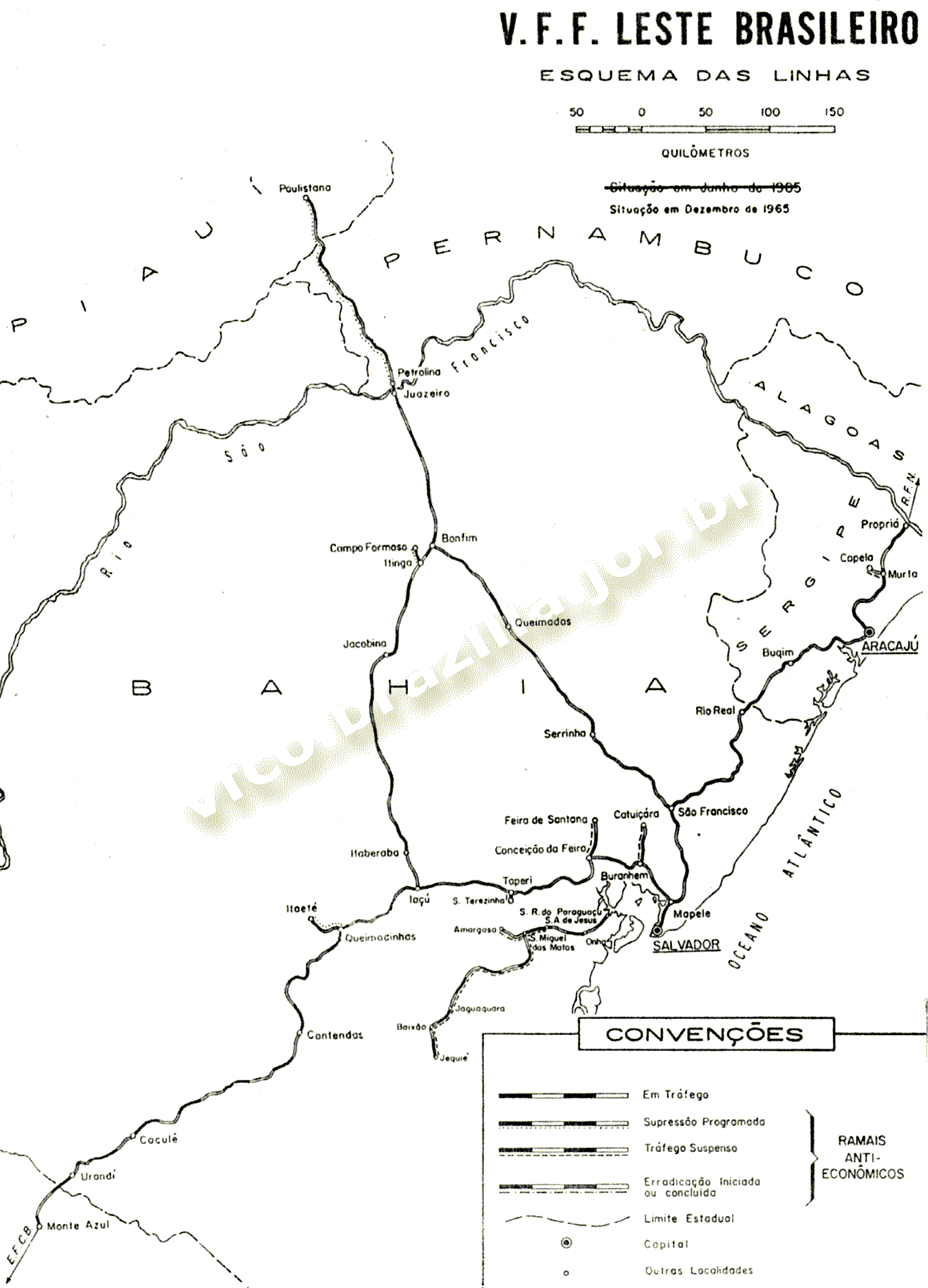 Mapa dos trilhos da VFFLB - Viação Férrea Federal Leste Brasileiro, da Rede Ferroviária Federal - RFFSA, em 1965