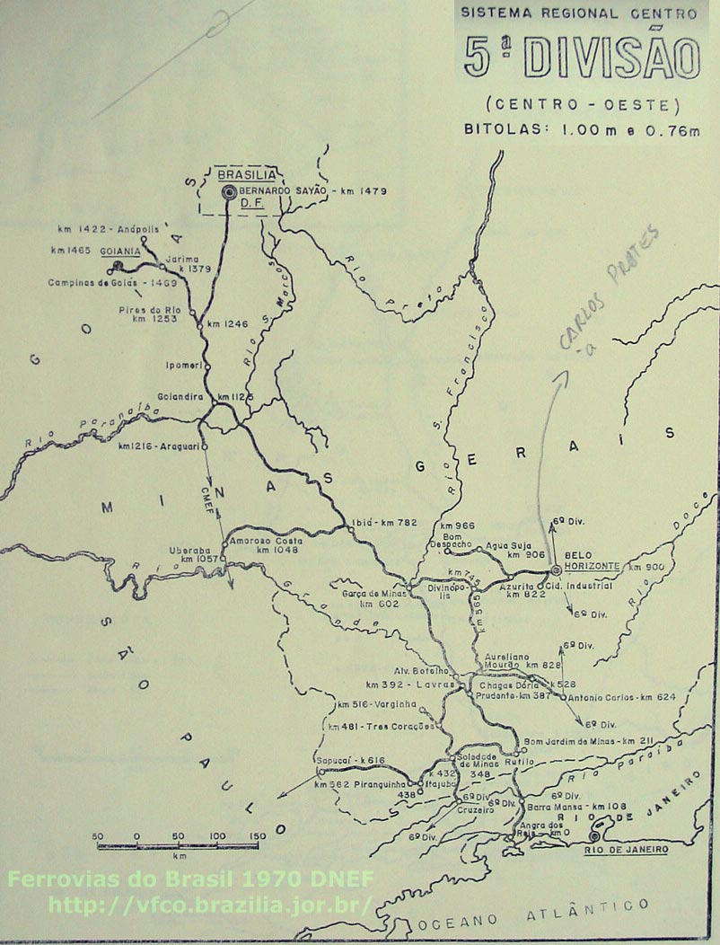 Mapa dos trilhos da 5ª Divisão - Centro-Oeste, da RFFSA - Rede Ferroviária Federal, em 1970