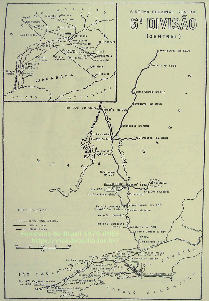 Mapa dos trilhos da 6ª Divisão - Central, da RFFSA - Rede Ferroviária Federal, em 1970