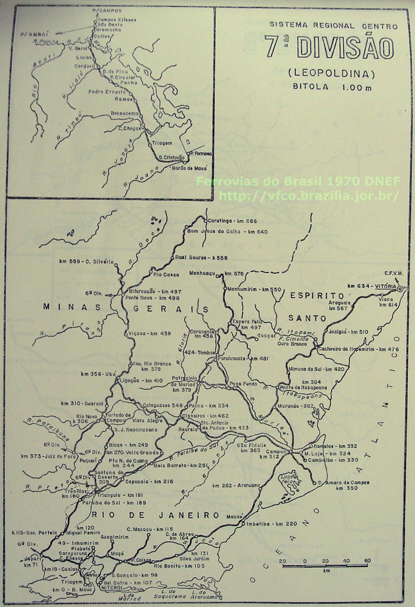 Mapa dos trilhos da 7ª Divisão - Leopoldina, da RFFSA - Rede Ferroviária Federal, em 1970