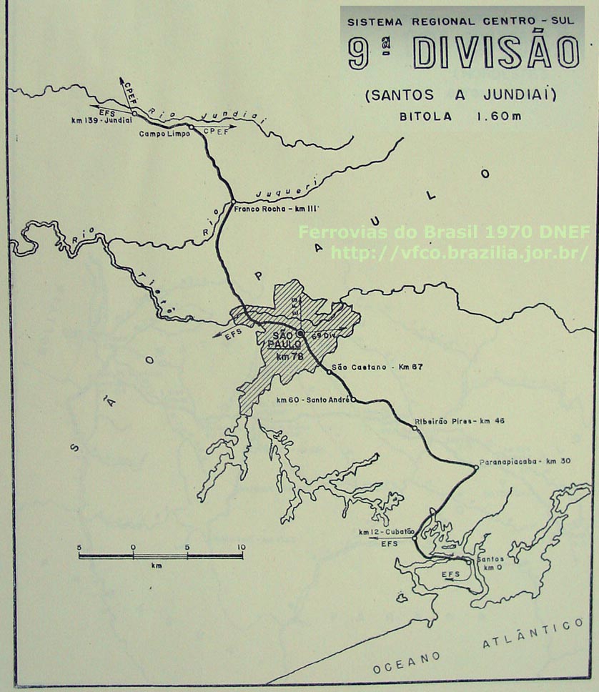 Mapa dos trilhos da 9ª Divisão: Santos a Jundiaí, da RFFSA - Rede Ferroviária Federal, em 1970