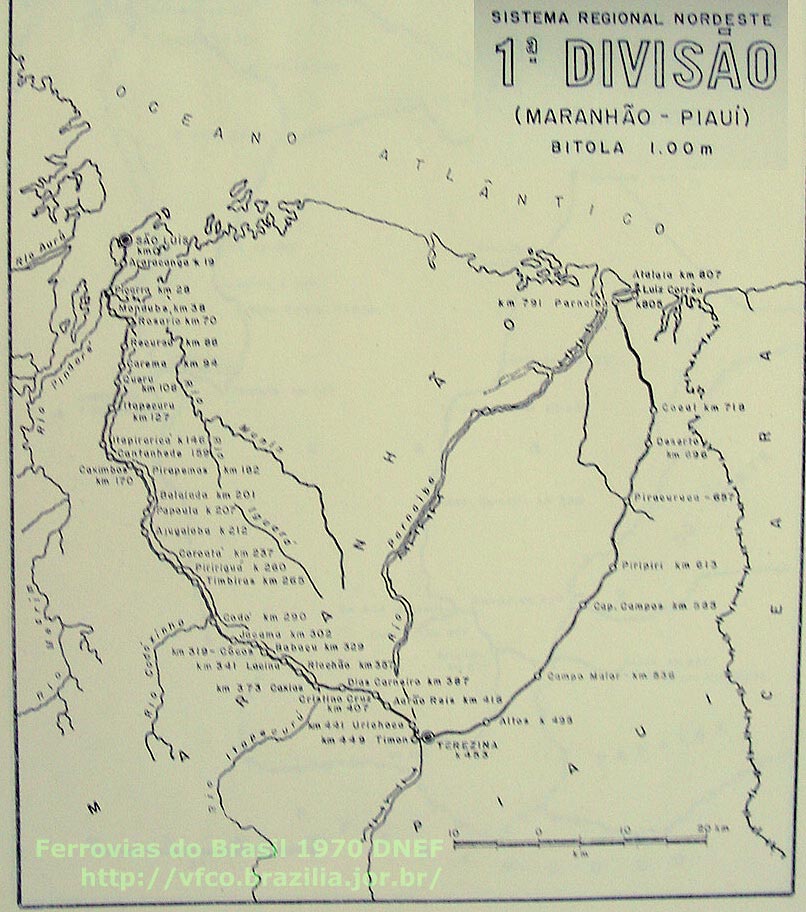 Mapa dos trilhos da 1ª Divisão: Maranhão - Piauí, da RFFSA - Rede Ferroviária Federal, em 1970