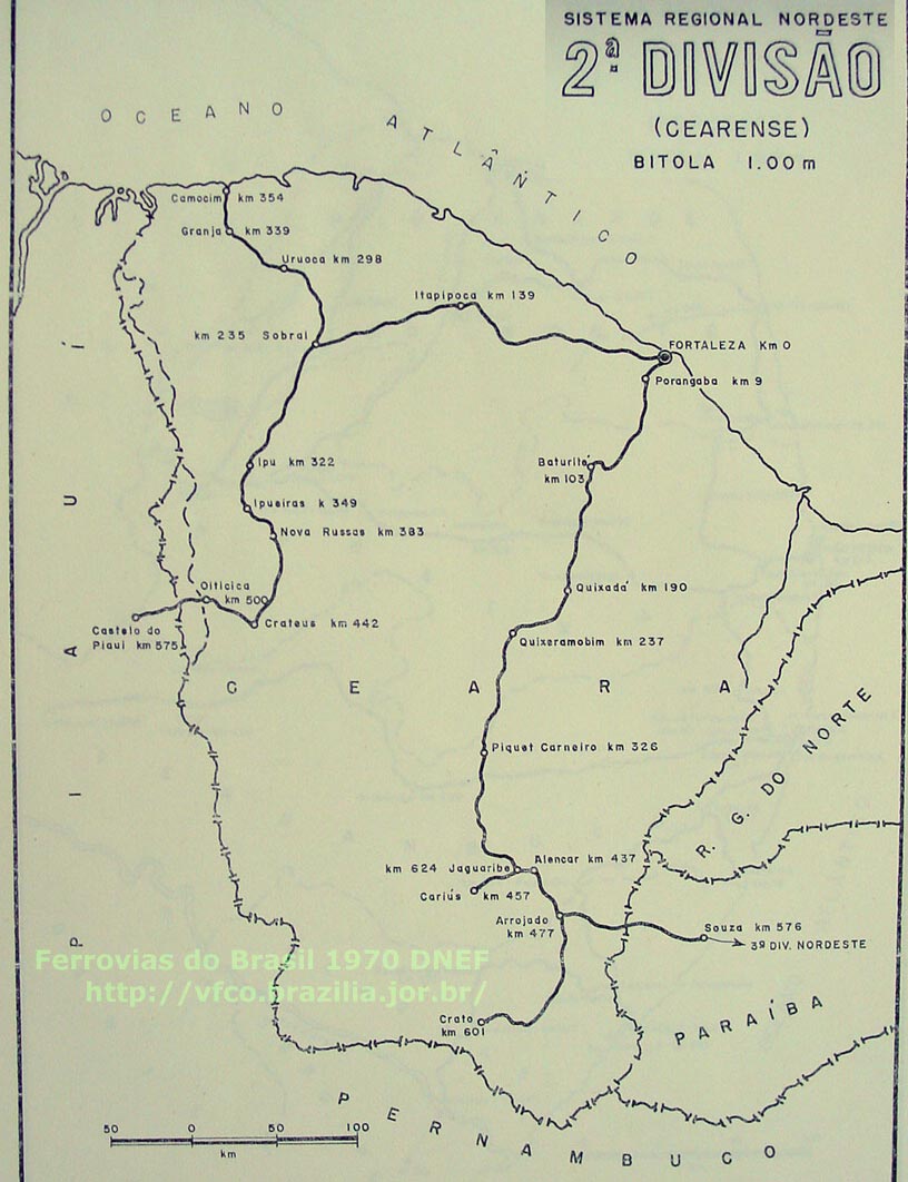 Mapa dos trilhos da 2ª Divisão: Cearense, da RFFSA - Rede Ferroviária Federal, em 1970