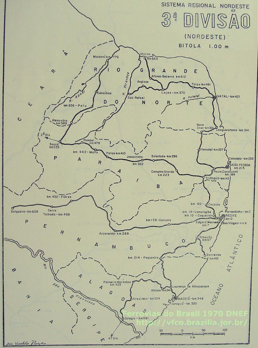 Mapa dos trilhos da 3ª Divisão: Nordeste, da RFFSA - Rede Ferroviária Federal, em 1970