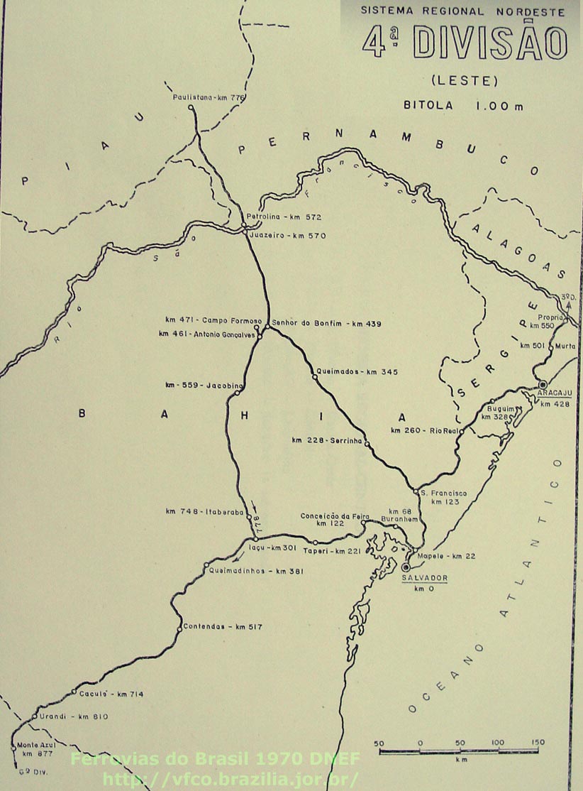 Mapa dos trilhos da 4ª Divisão - Leste, da RFFSA - Rede Ferroviária Federal, em 1970