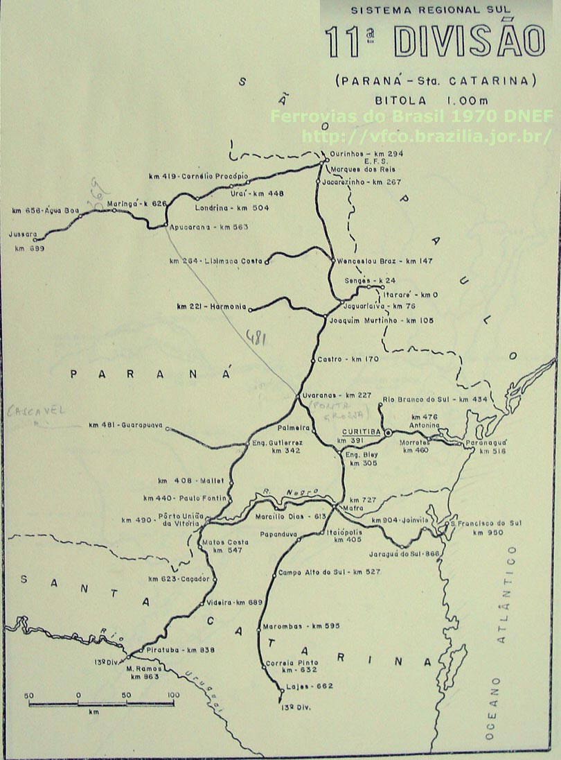 Mapa dos trilhos da 11ª Divisão: Paraná - Santa Catarina da Rede Ferroviária Federal - RFFSA, em 1970