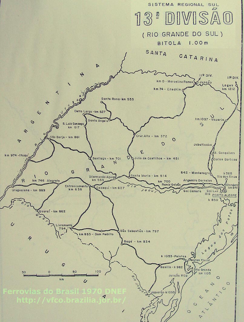 Mapa dos trilhos da 13ª Divisão - Rio Grande do Sul, da RFFSA - Rede Ferroviária Federal, em 1970