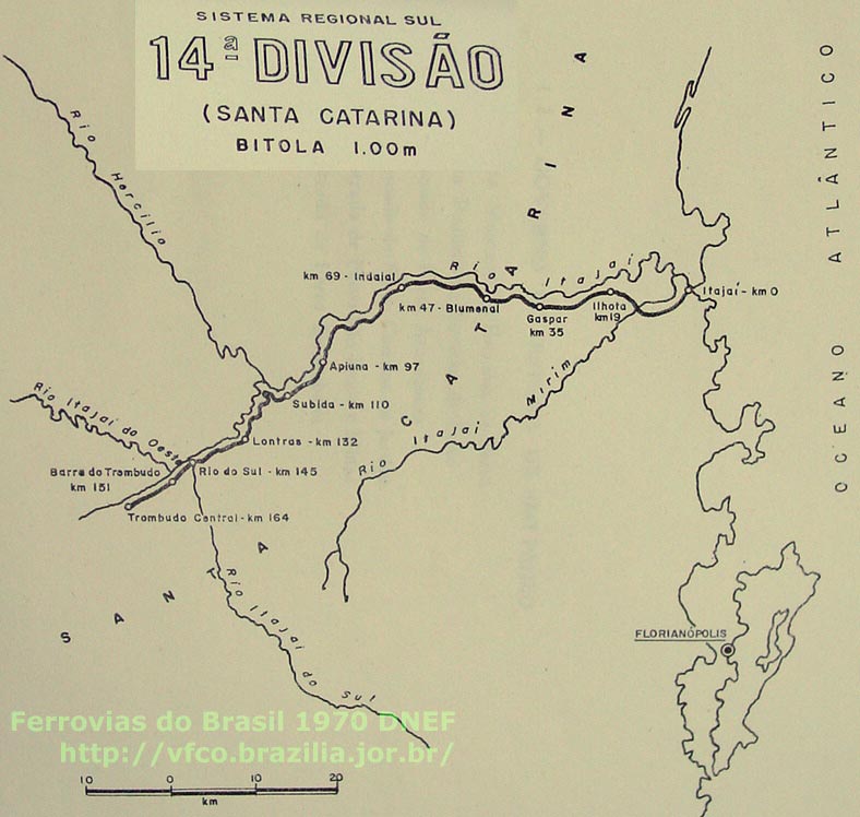 Mapa dos trilhos da 14ª Divisão - Santa Catarina da RFFSA - Rede Ferroviária Federal , em 1970