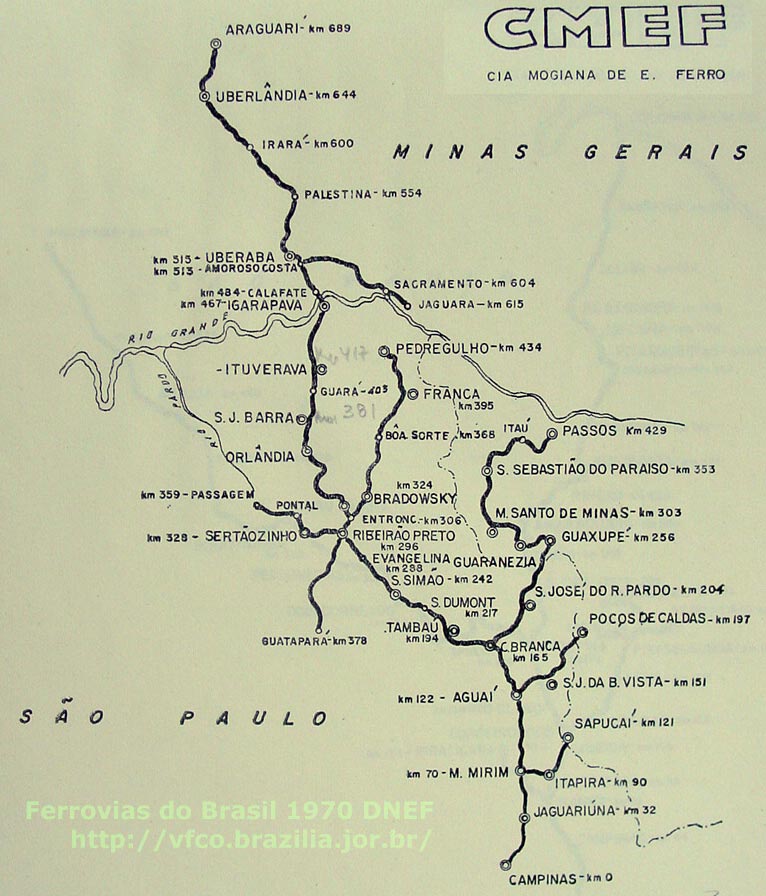 Mapa dos trilhos da Companhia Mogiana de Estradas de Ferro em 1970