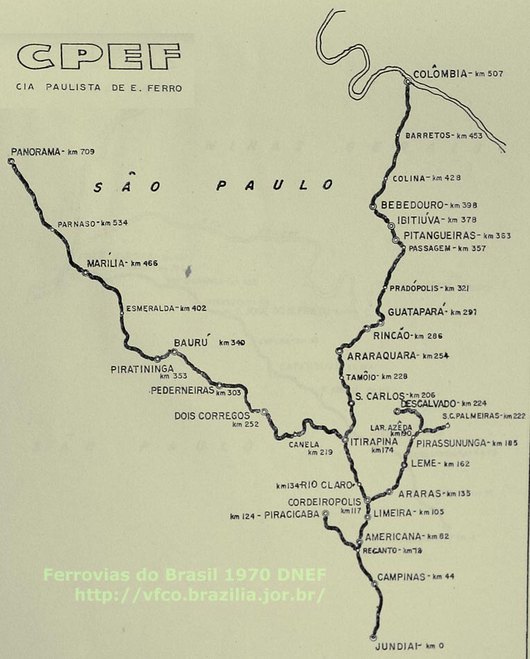 Mapa da Companhia Paulista de Estradas de Ferro em 1970