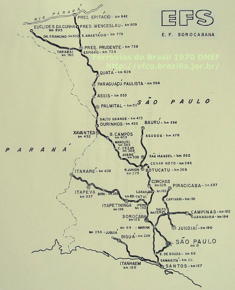 Mapa da Estrada de Ferro Sorocabana em 1970