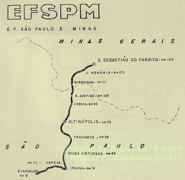 Mapa da Estrada de Ferro São Paulo e Minas em 1970