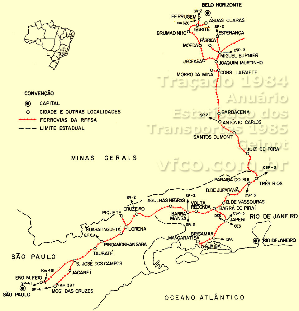 Mapa da SR3 - Juiz de Fora - RFFSA - Rede Ferroviária Federal em 1984
