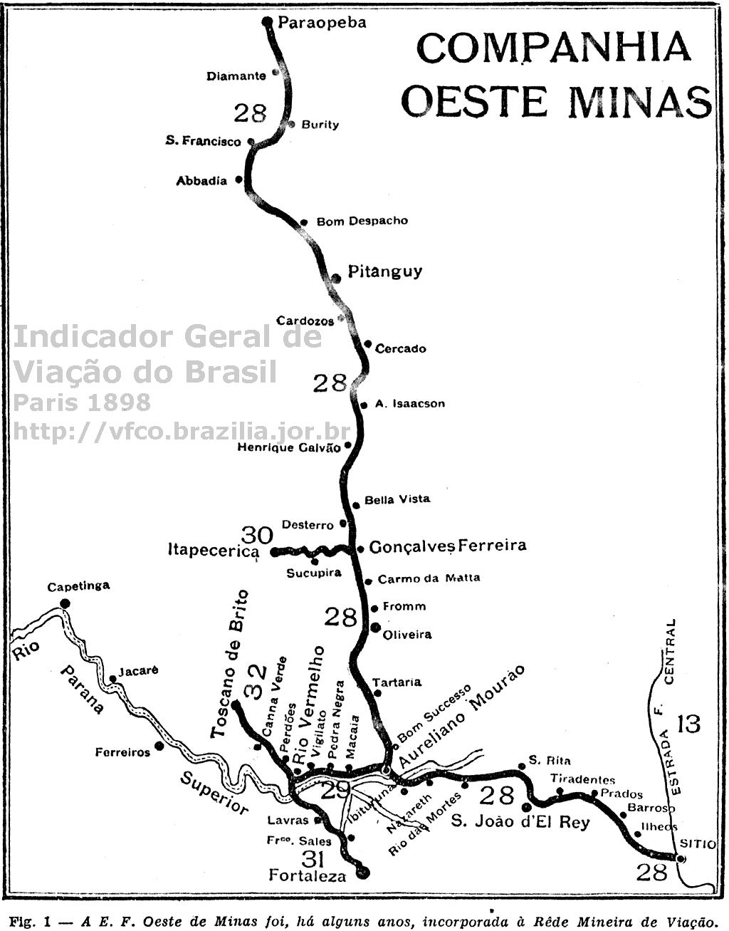 Mapa da Estrada de Ferro Oeste de Minas em 1898