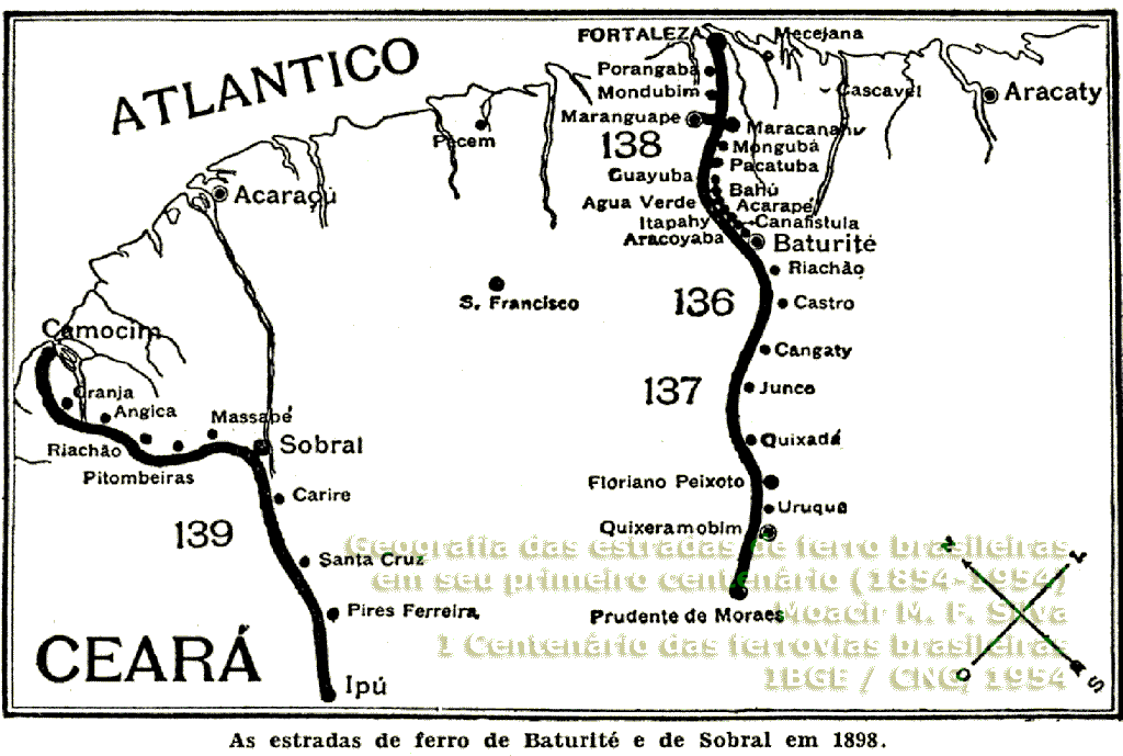 Mapa das ferrovias do Ceará em 1898