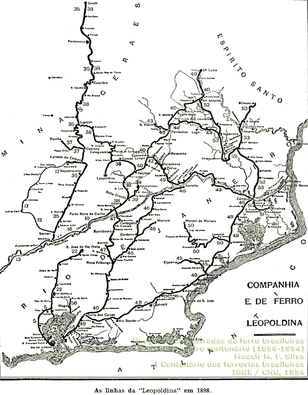 Mapa dos trilhos da Estrada de Ferro Leopoldina em 1898