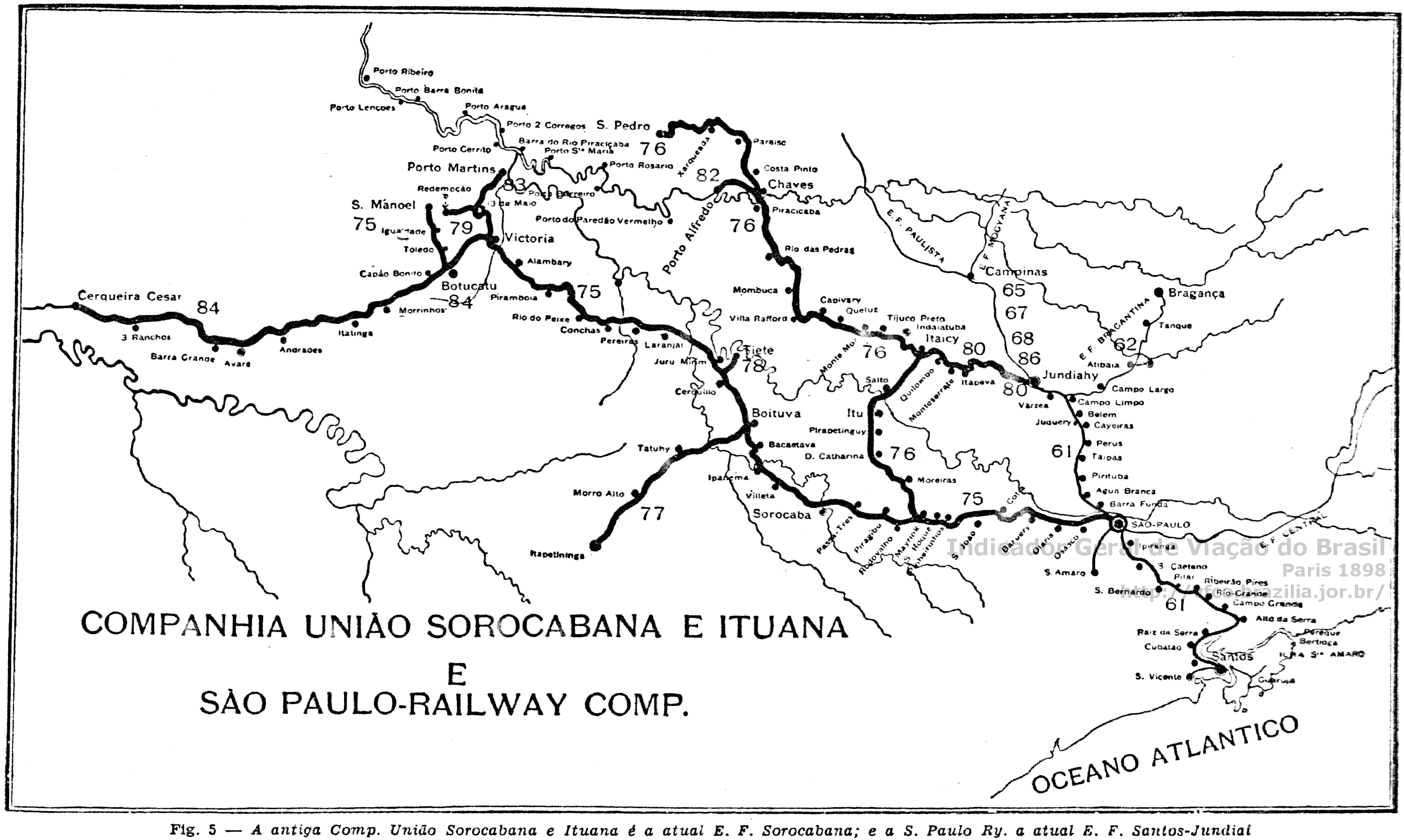 Mapa das ferrovias da União Sorocabana e Ituana e da São Paulo Railway em 1898