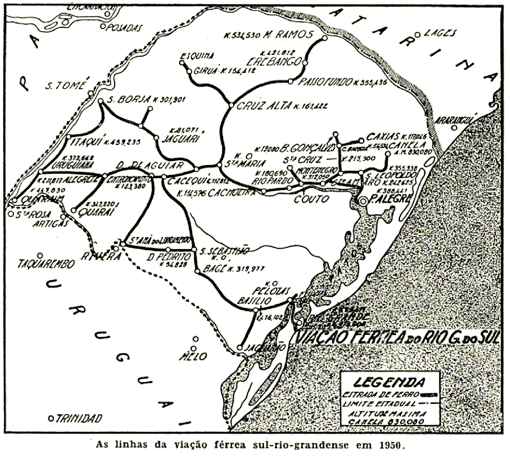 Mapa dos trilhos das ferrovias gaúchas em 1950