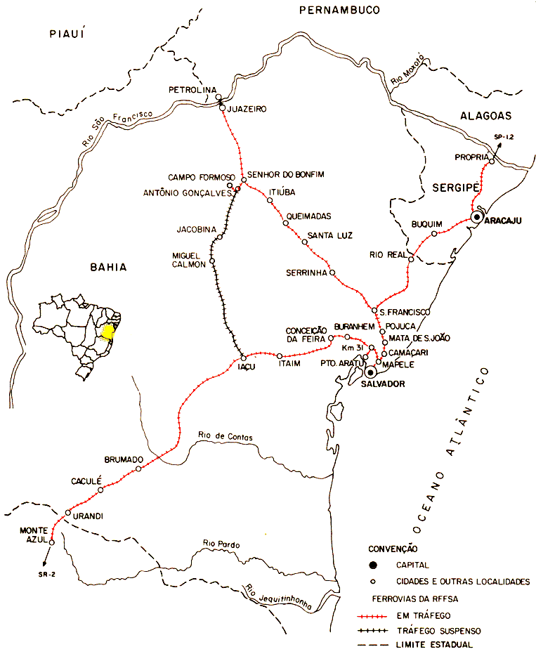 Mapa dos trilhos da SR7 - Regional Salvador da RFFSA - Rede Ferroviária Federal, em 1984