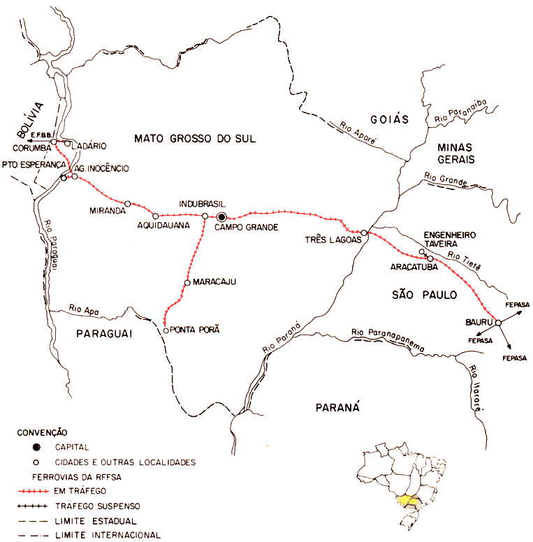 Mapa dos trilhos da superintendência de Bauru da RFFSA - Rede Ferroviária Federal, em 1984