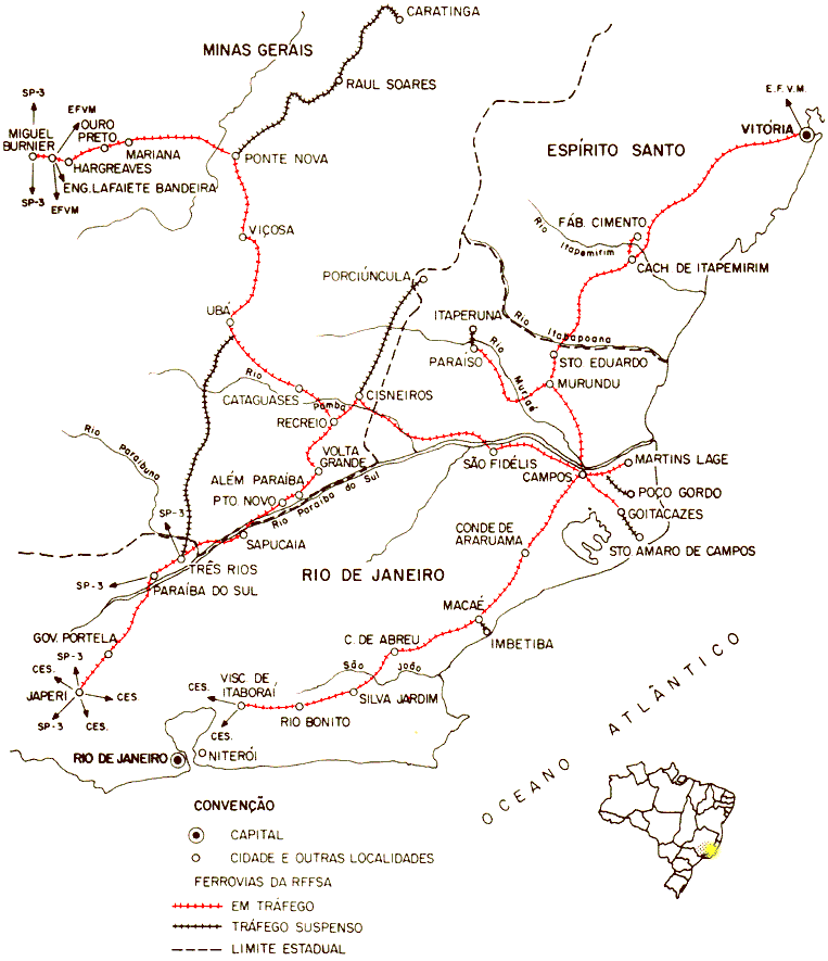 Mapa dos trilhos da Divisão Campos, da RFFSA - Rede Ferroviária Federal, em 1984