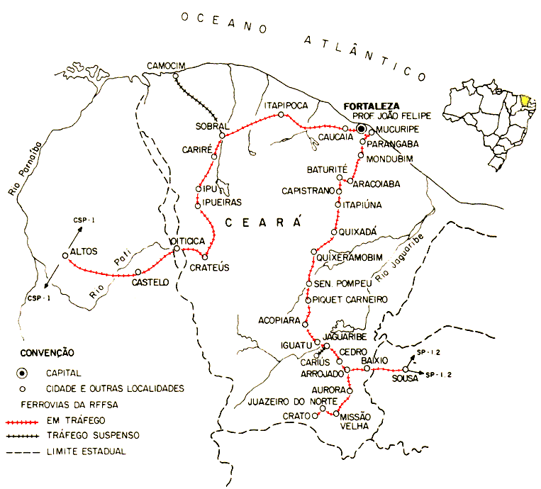 Mapa dos trilhos da Superintendência de Fortaleza da RFFSA - Rede Ferroviária Federal, em 1984