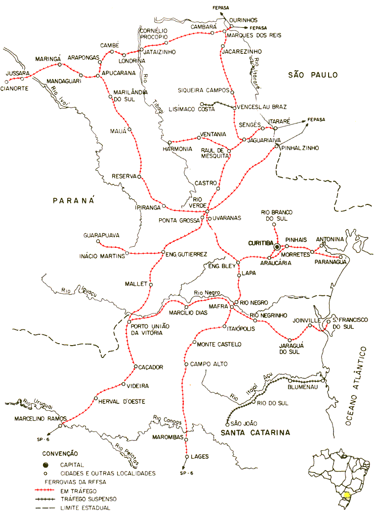 Mapa dos trilhos da Regional Curitiba - SR5 da RFFSA - Rede Ferroviária Federal, em 1984