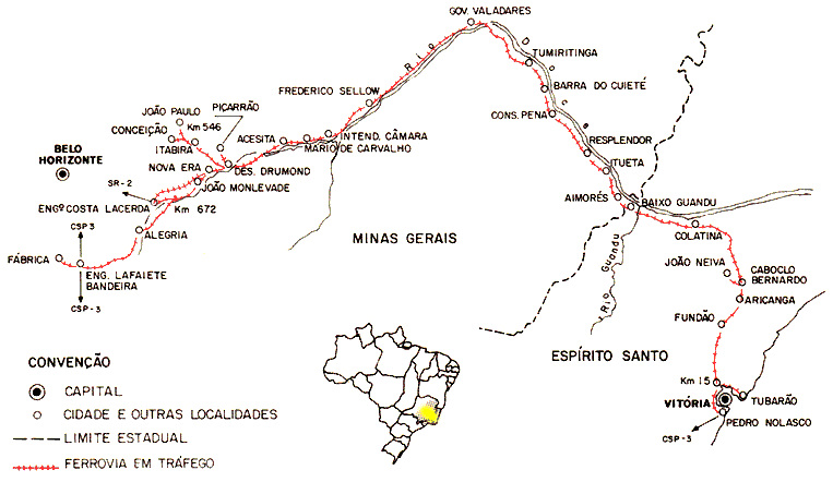 Mapa da Estrada de Ferro Vitória a Minas (EFVM) em 1984