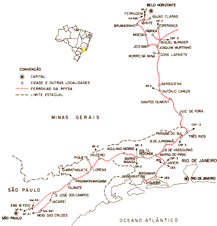 Mapa dos trilhos da SR3 - Juiz de Fora da RFFSA - Rede Ferrovi&aacute;ria Federal, em 1984