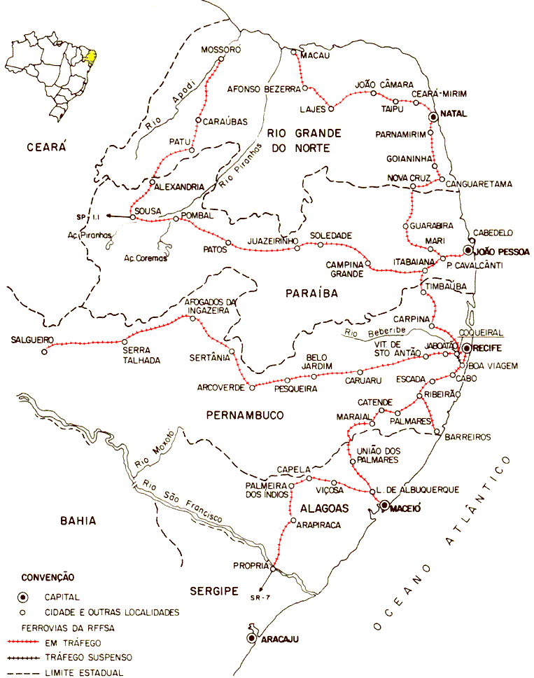 Mapa dos trilhos da superintendência do Recife da RFFSA - Rede Ferroviária Federal, em 1984