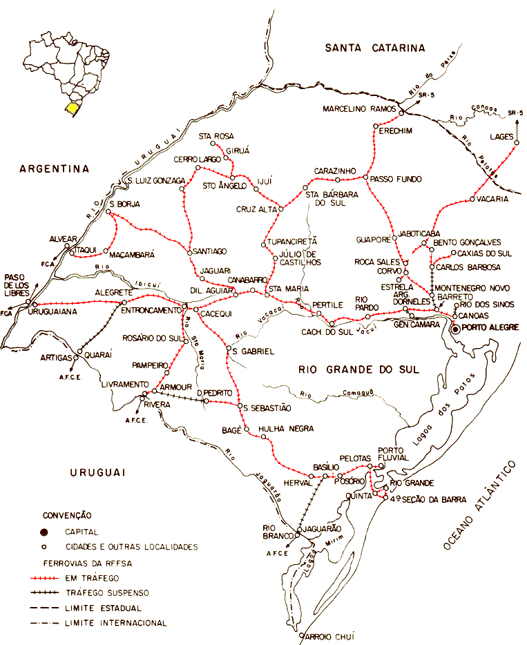 Mapa dos trilhos da Regional Porto Alegre - SR6 da RFFSA - Rede Ferroviária Federal, em 1984