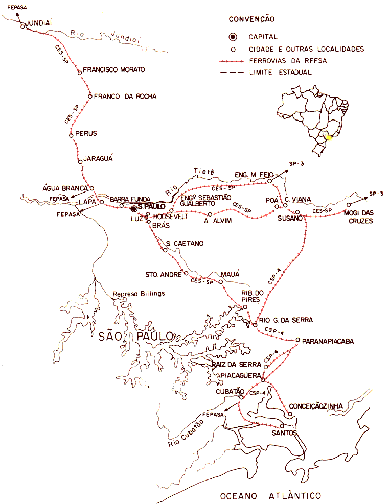 Mapa dos trilhos da Divisão Santos da RFFSA - Rede Ferroviária Federal, 1984