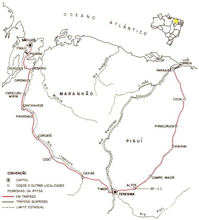Mapa dos trilhos da Divisão São Luís da RFFSA - Rede Ferroviária Federal, em 1984
