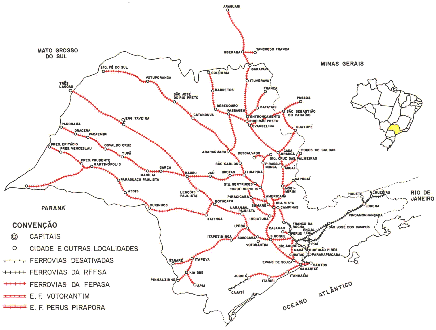 Mapa dos trilhos da Fepasa - Ferrovias Paulistas, em 1984