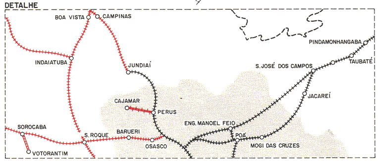 Mapa das linhas da Fepasa, EFPP e EFE Votorantin nas proximidades do Grande ABC em 1984