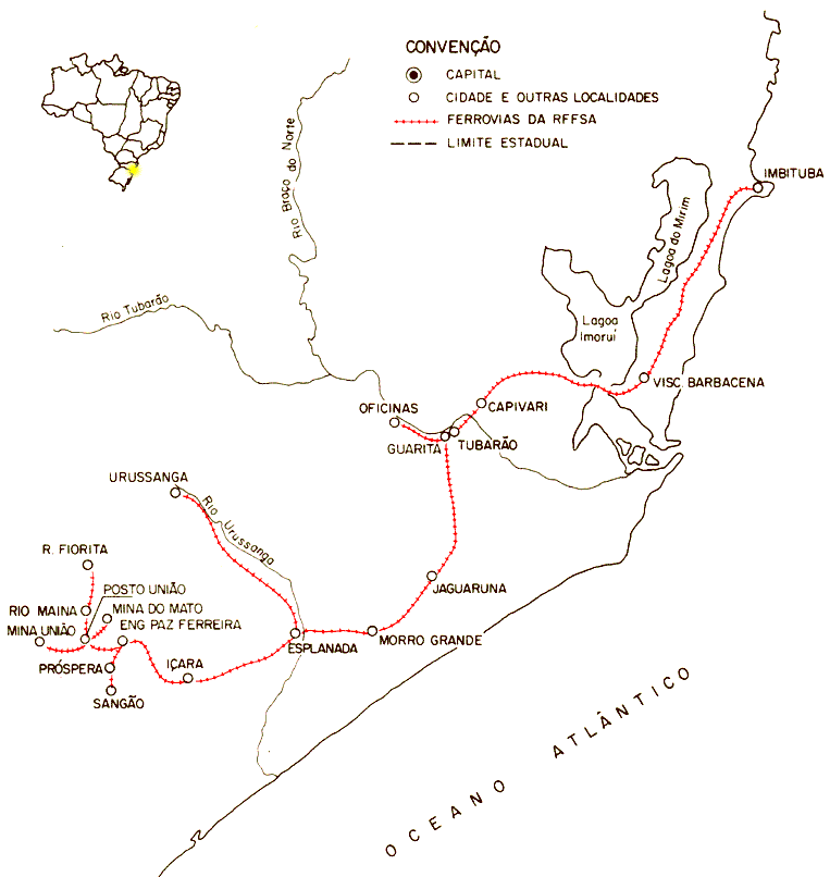 Mapa dos trilhos da Divisão Tubarão da RFFSA - Rede Feroviária Federal, em 1984