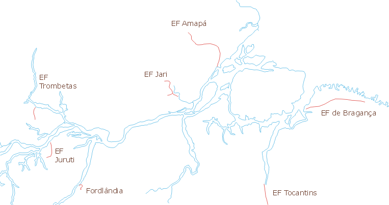 Mapa parcial da Amazônia com algumas ferrovias atuais e do passado