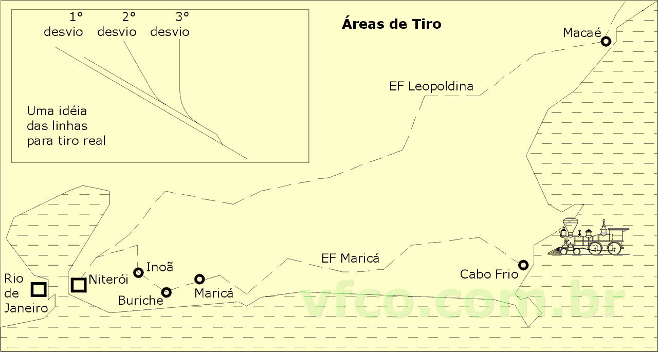 Mapa 2 - Trilhos das estradas de ferro Leopoldina e Maricá na área de atuação da artilharia ferroviária no litoral norte fluminense
