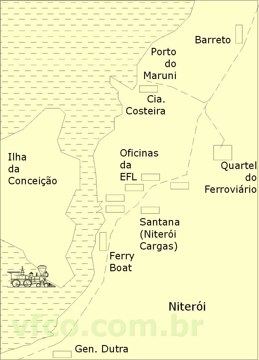 Mapa 1 - Localização das instalações da artilharia ferroviária em relação aos trilhos em Niterói