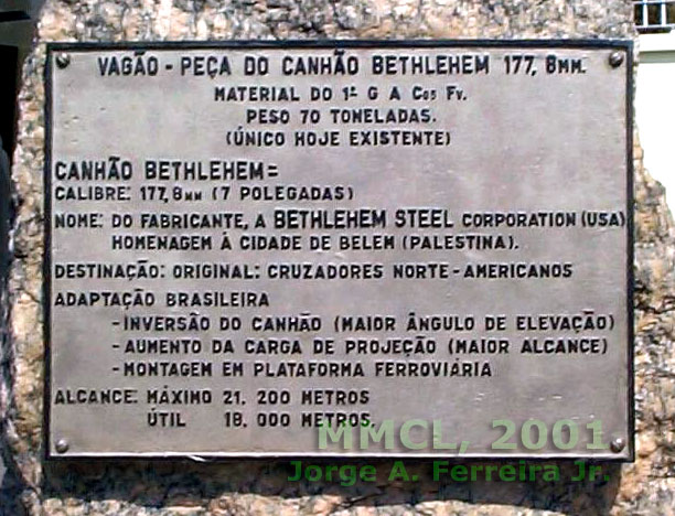 Placa do canhão ferroviário preservado no Museu Militar Conde de Linhares (MMCL)