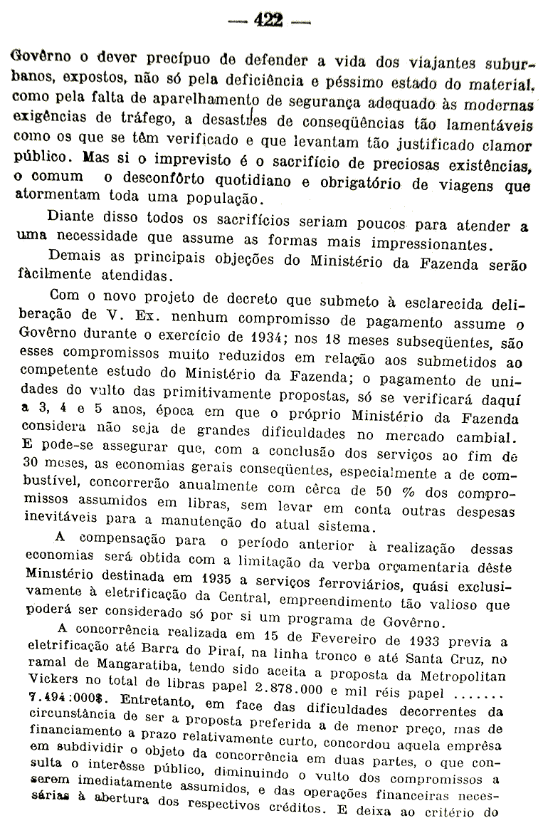 Exposição de Motivos do ministro da Viação e Obras Públicas em 1934 sobre a eletrificação dos trens de subúrbios da Estrada de Ferro Central do Brasil - página 422