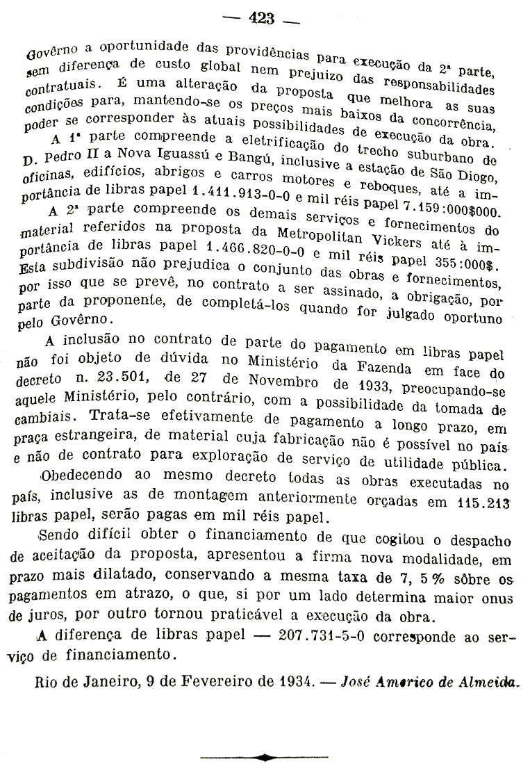 Exposição de Motivos do ministro da Viação e Obras Públicas em 1934 sobre a eletrificação dos trens de subúrbios da Estrada de Ferro Central do Brasil - página 423