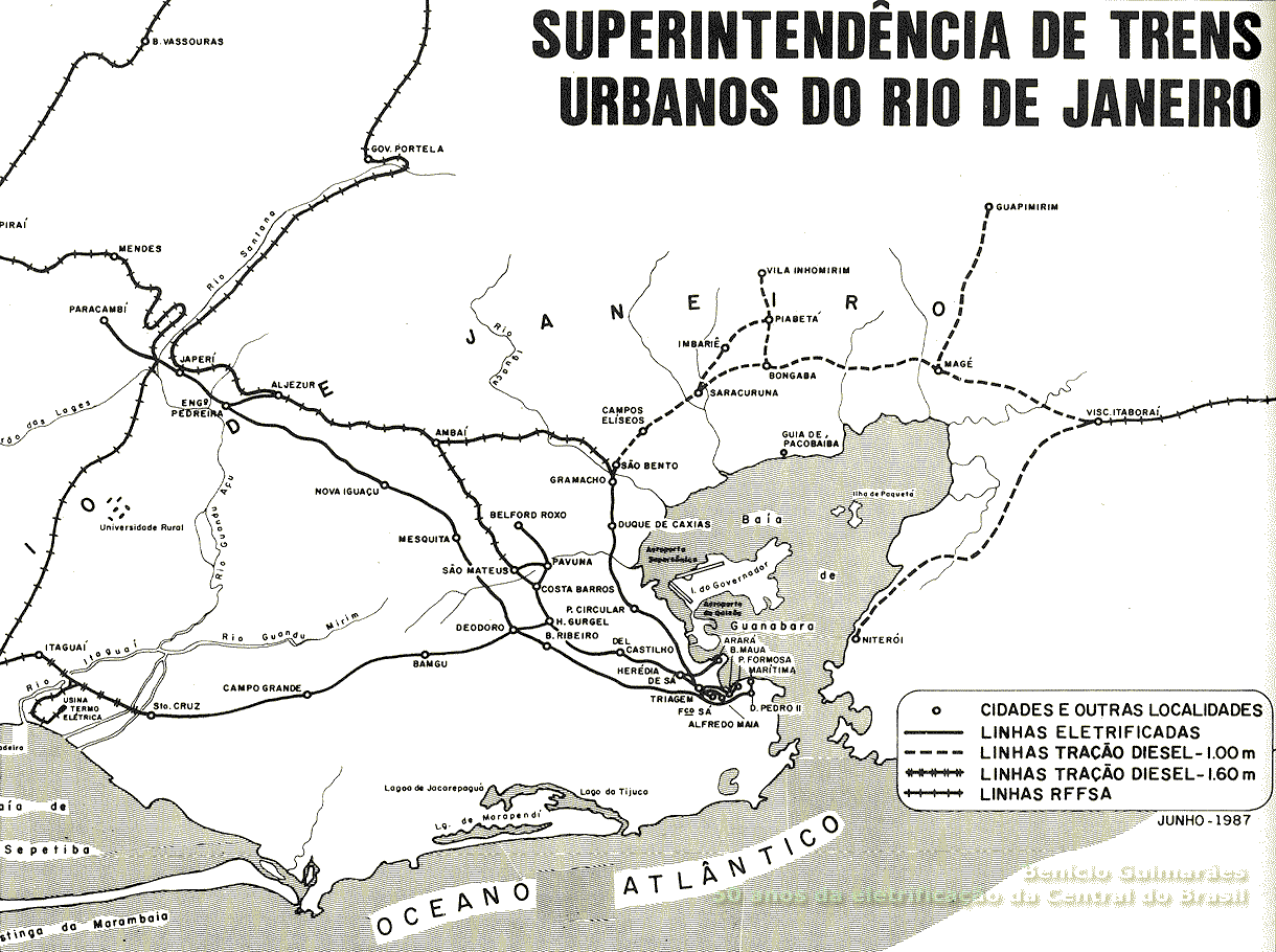 Estrada de Ferro Central do Brasil | Os 50 anos da eletrificação dos trens de subúrbios do Rio de Janeiro - 1937-1987 | página 60 - Mapa dos trilhos em 1987