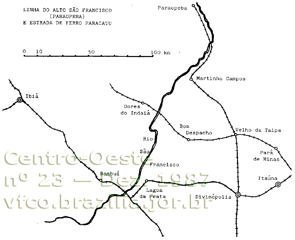 Mapa de localização da Estrada de Ferro Paracatu, e ferrovias próximas