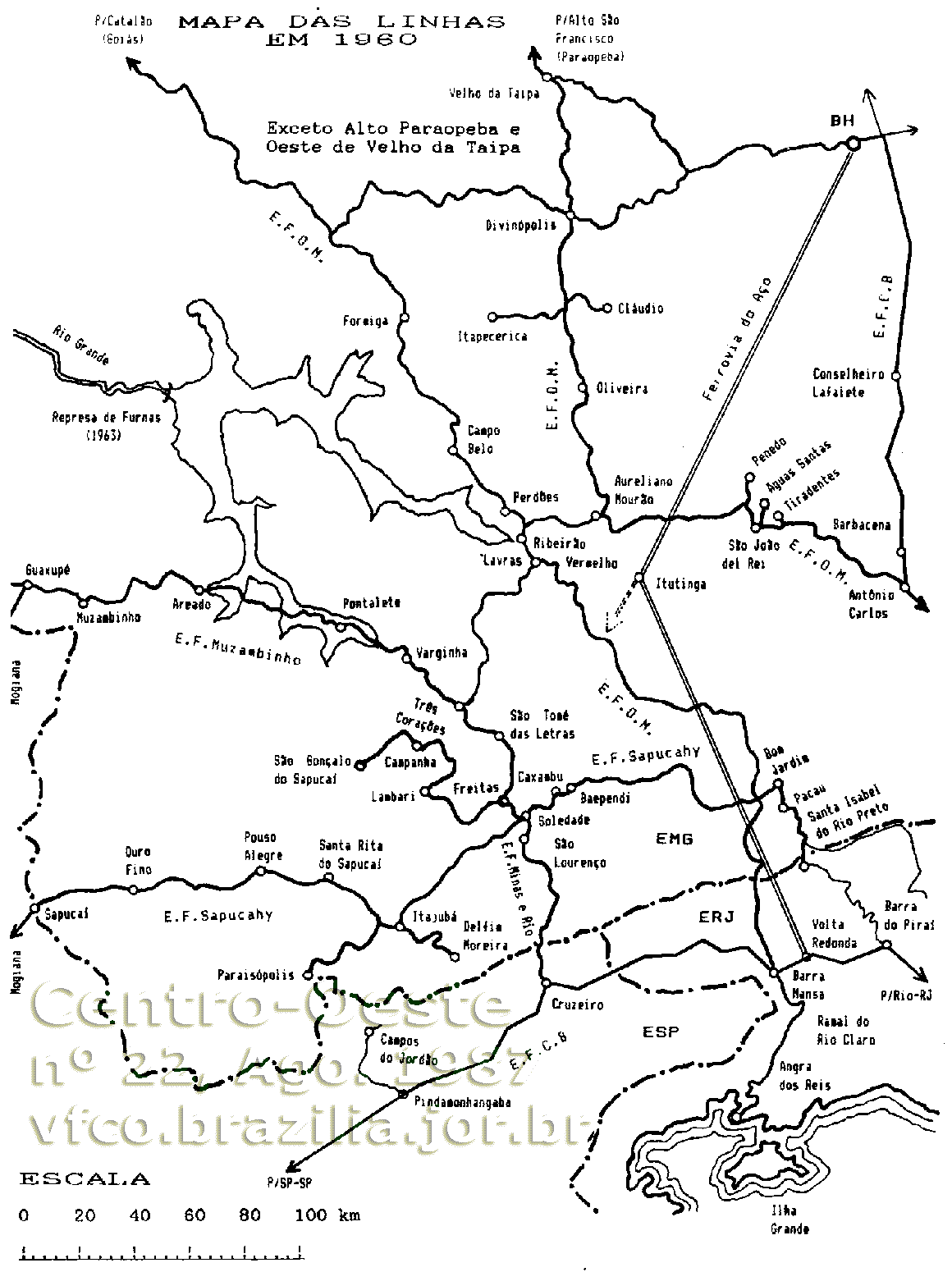 Mapa ferroviário (parcial) dos trilhos da Rede Mineira de Viação (RMV) por volta de 1960