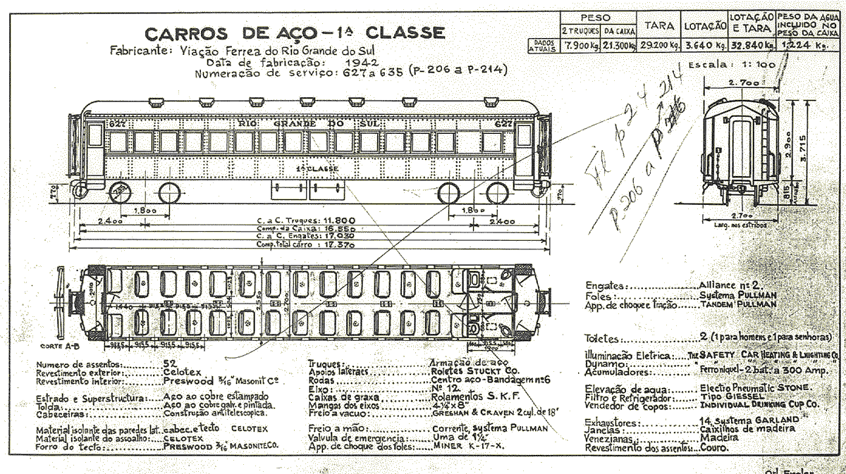 Trem Farroupilha | Vagões de Primeira Classe nº 627 a 635 |  desenho, medidas e características